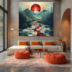 Abstract Mountain Path with Red Sun and Geometric Canvas Print