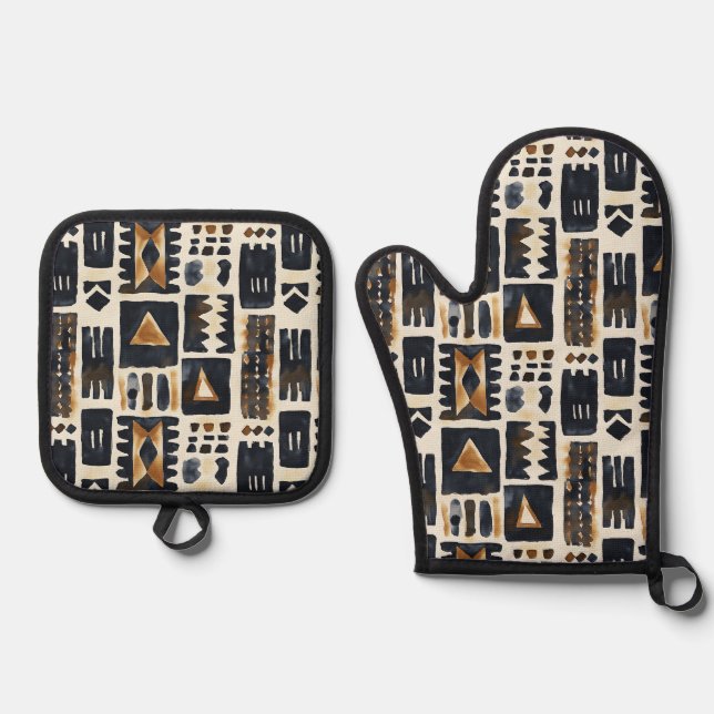Abstract Mud Cloth Pattern Oven Mitt & Pot Holder Set (Front)