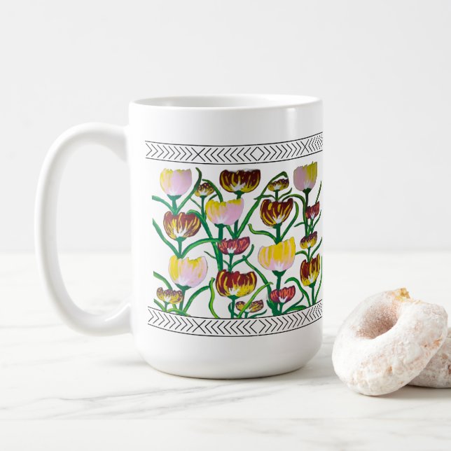 Abstract Multi-Colour Tulips Coffee Mug (With Donut)