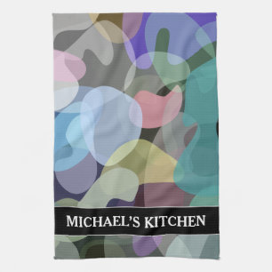 Abstract Multicolored Blotch Pattern + Custom Name Tea Towel