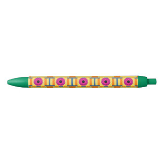 Abstract Multicolored Pattern with Flowers Black Ink Pen
