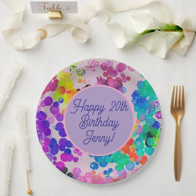 Abstract Multicolour Happy Birthday Bokeh Bubbles Paper Plate (Wedding)