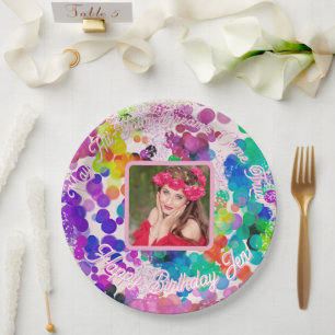 Abstract Multicolour Happy Birthday Bokeh Photo Paper Plate