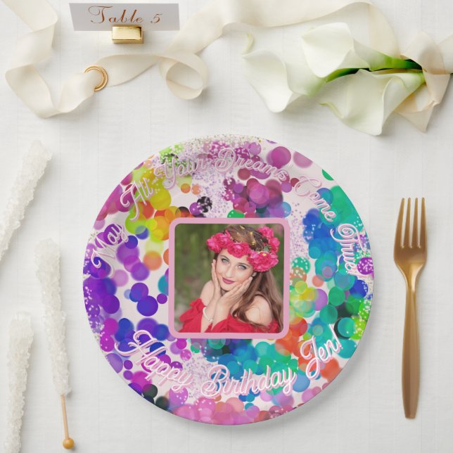 Abstract Multicolour Happy Birthday Bokeh Photo Paper Plate (Wedding)