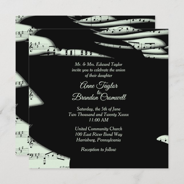 Abstract Music Theme Wedding Invitation Mint Green (Front/Back)