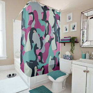 Abstract muted tones penguins shower curtain