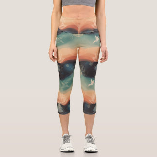 Abstract Nature: Minimalist Lotus & Bird Design Capri Leggings