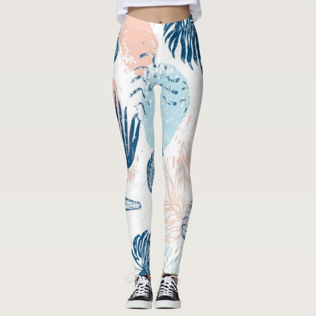 Abstract Nautical Beach Blue Peach Distressed (1) Leggings (Front)