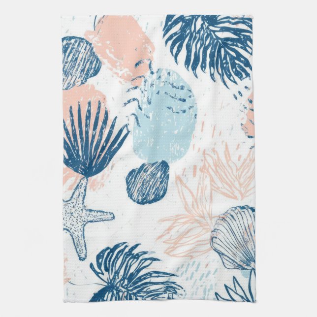 Abstract Nautical Beach Blue Peach Distressed (1) Tea Towel (Vertical)