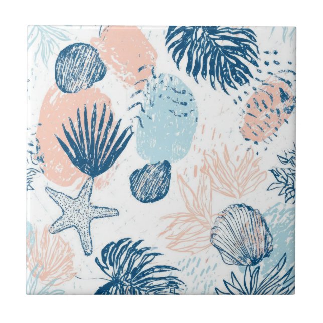 Abstract Nautical Beach Blue Peach Distressed (1) Tile (Front)