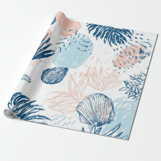 Abstract Nautical Beach Blue Peach Distressed (1) Wrapping Paper (Unrolled)