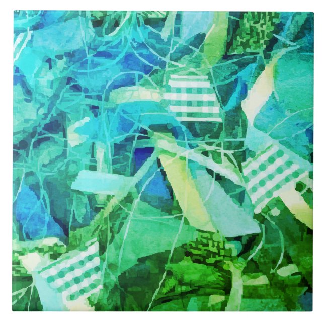 Abstract Nautical Gradient Blue Teal Green Striped Tile (Front)