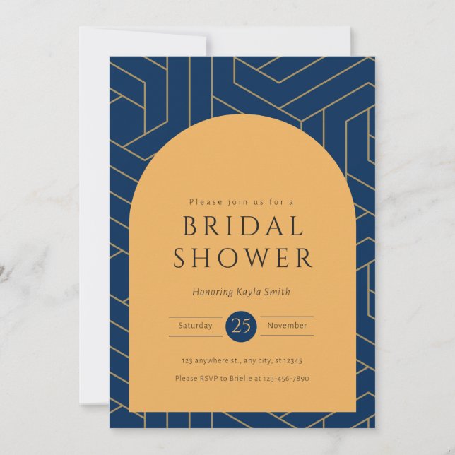 Abstract Navy and Mustard Bridal Shower  Invitation (Front)