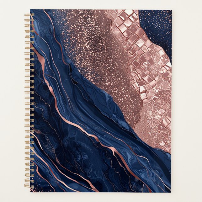 Abstract Navy and Rose Gold Marbled Design Planner (Front)