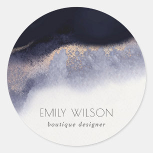 Abstract Navy Black Gold Foil Watercolor Wash Classic Round Sticker