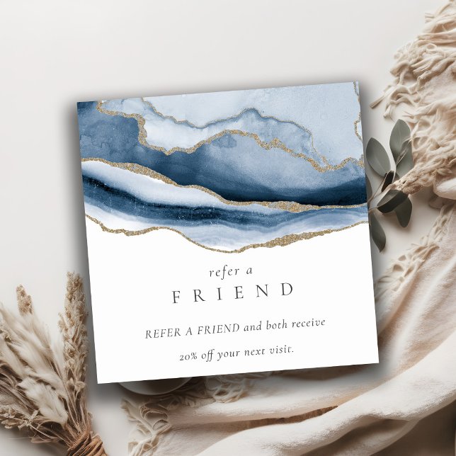 Abstract Navy Blue Agate Gold Refer A Friend Square Business Card (Creator Uploaded)