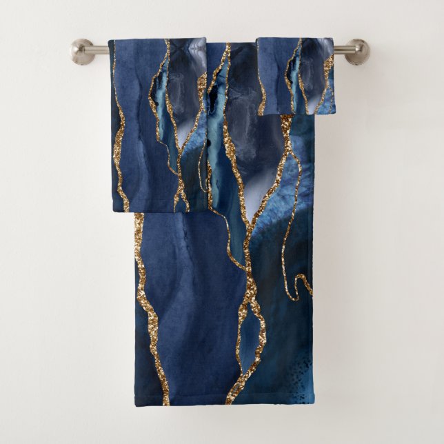 Abstract Navy Blue Agate Watercolor Bath Towel Set (Insitu)