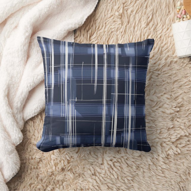 Abstract Navy Blue Plaid Chequered Pattern Horizon Cushion (Blanket)