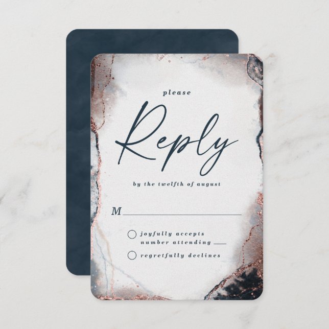Abstract Navy & Rose Gold Wedding RSVP Reply Card (Front/Back)