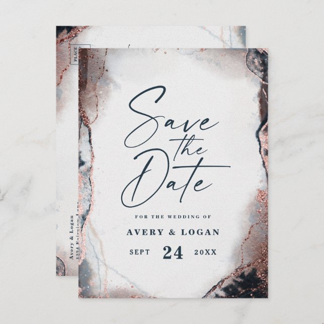 Abstract Navy & Rose Gold Wedding Save The Date Announcement Postcard (Front/Back)