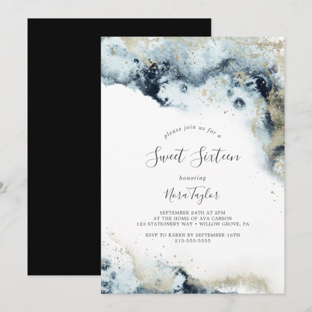 Abstract Navy Watercolor Sweet Sixteen Birthday Invitation (Front/Back)