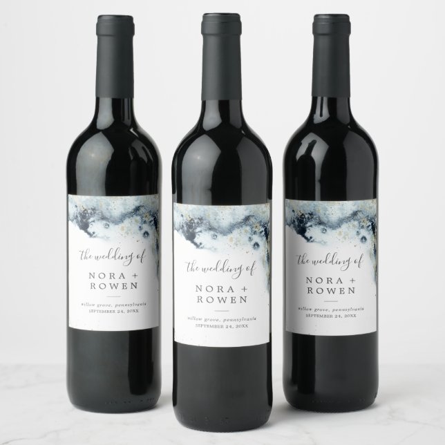 Abstract Navy Watercolor Wedding Wine Label (Bottles)