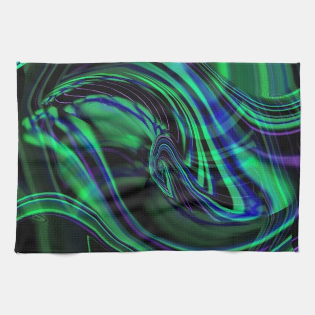Abstract Neon Aqua N Blue Waves Tea Towel (Horizontal)