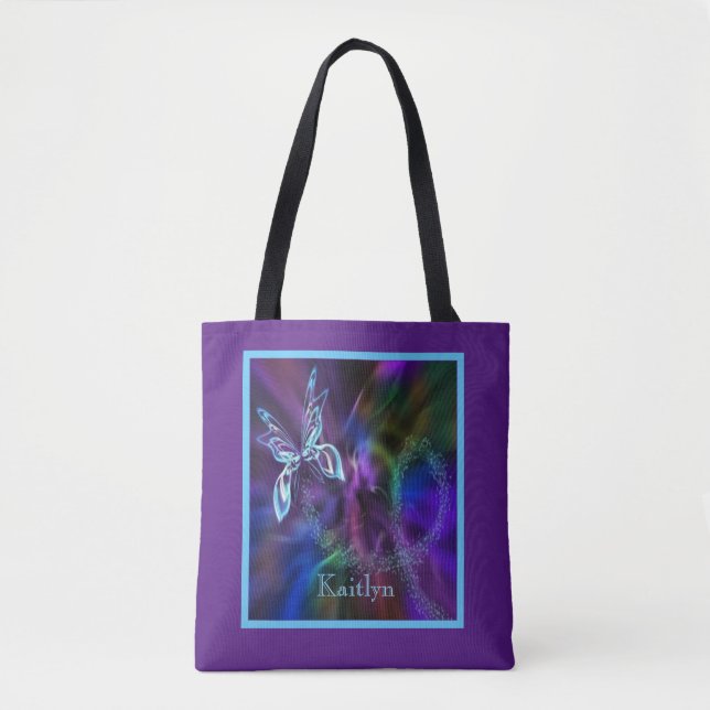 Abstract Neon Blue Purple Bright Butterfly Tote Bag (Front)