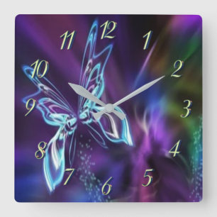 Abstract Neon Blue Purple Butterfly Fractal Art Square Wall Clock