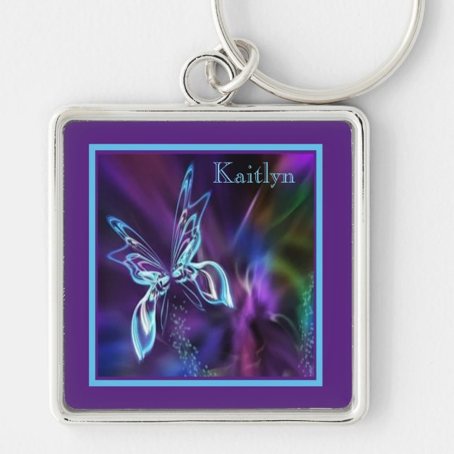 Abstract Neon Blue Purple Butterfly Premium Key Ring (Front)