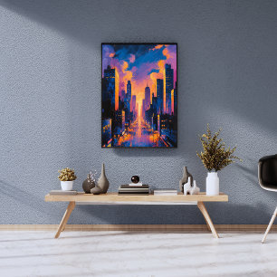 Abstract Neon City Skyline Sunset Glow Digital Art Photo Print