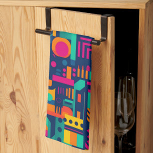 Abstract neon colors and geometric bohemian shapes tea towel
