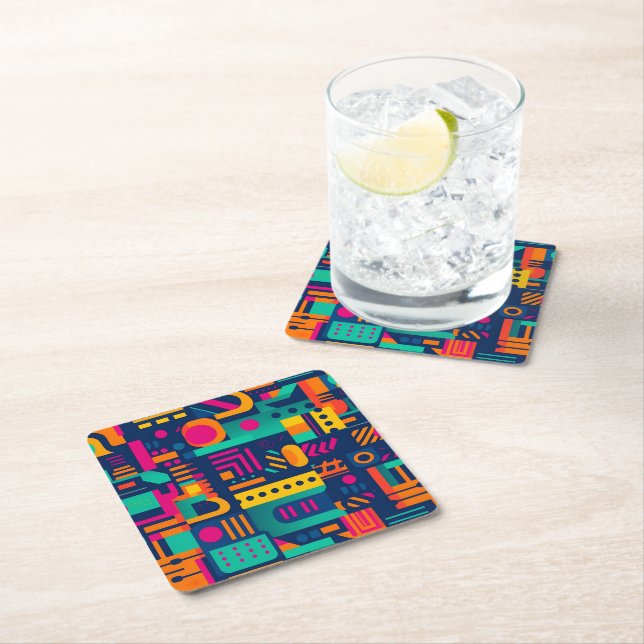 Abstract neon colours and geometric bohemian shape square paper coaster (Insitu)