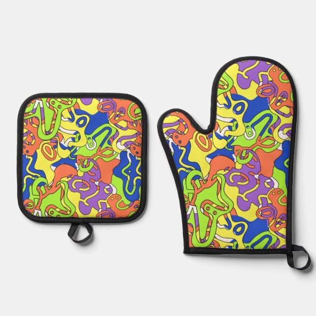 Abstract Neon Doodle Maze Pattern Oven Mitt & Pot Holder Set (Front)
