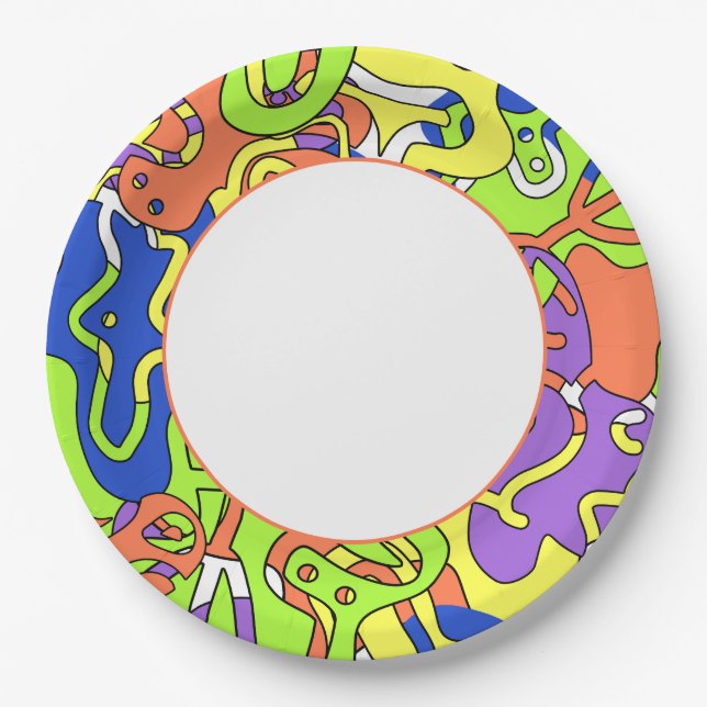 Abstract Neon Doodle Maze Pattern Paper Plate (Front)