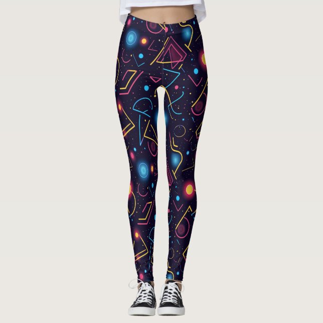 Abstract neon geometric shapes design leggings (Front)