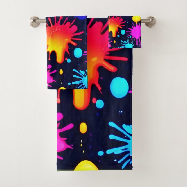 Abstract Neon Paint Drip Artwork Bath Towel Set (Insitu)