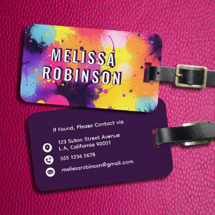Abstract Neon Paint Splatter Midnight Purple Luggage Tag