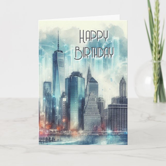 Abstract NEW York Skyline Happy Birthday Greeting  Card (Front)