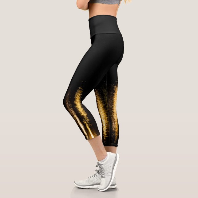 Abstract night lights sea shiny gold black capri leggings (Left)