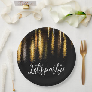 Abstract night lights sea shiny gold black Party Paper Plate