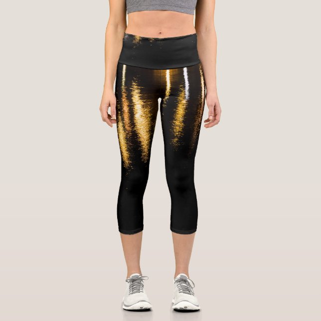 Abstract night lights sea shiny gold reflection capri leggings (Front)