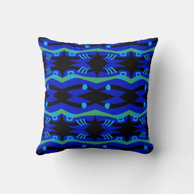 Abstract Noah's Ark Black Blue Turquoise Green Cushion (Back)