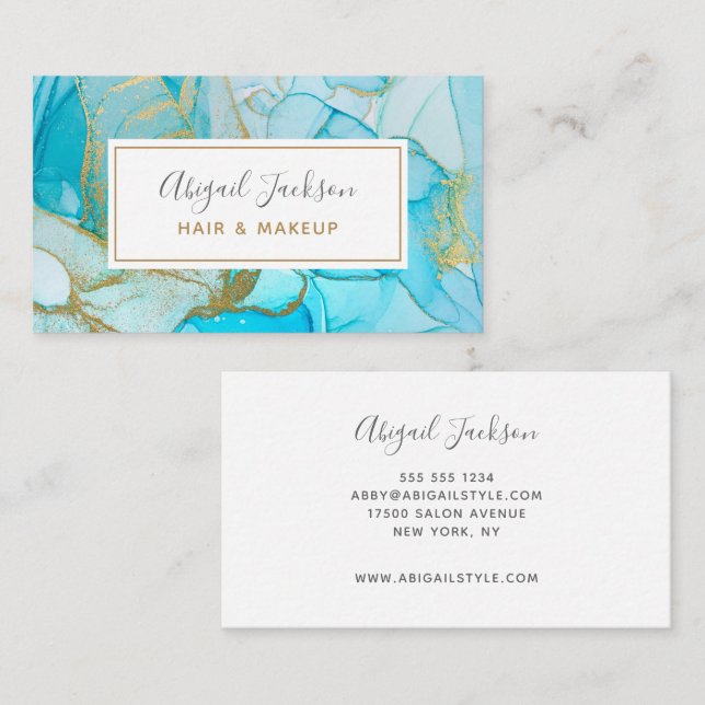 Abstract Ocean Blue Gold Watercolor Hair & Makeup Business Card (Front/Back)