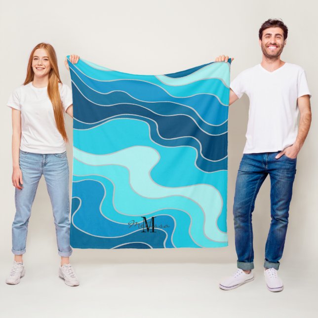 Abstract Ocean Blue Waves Monogram Beach Fleece Blanket (In Situ)
