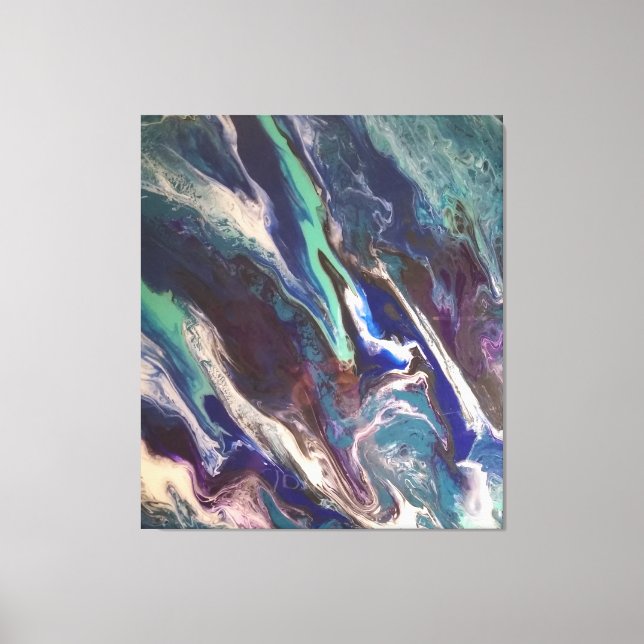 Abstract ocean colours in a marbled canvas print. (Front)