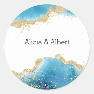 Abstract Ocean Gold & Blue Custom Name Wedding Classic Round Sticker