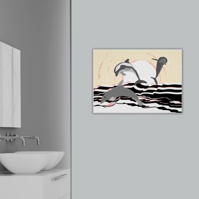 Abstract Ocean Jumping Dolphins At Sunrise Poster (Abstract Ocean Jumping Dolphins At Sunrise Poster, Bathroom)