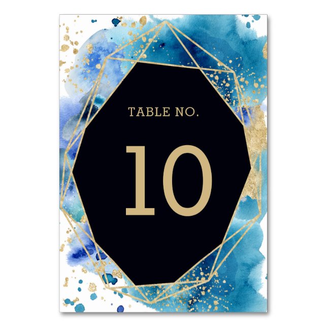 Abstract Ocean Watercolor Blue and Gold Wedding Table Number (Front)