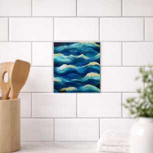Abstract Ocean Waves Blue and Gold Watercolor  Tile